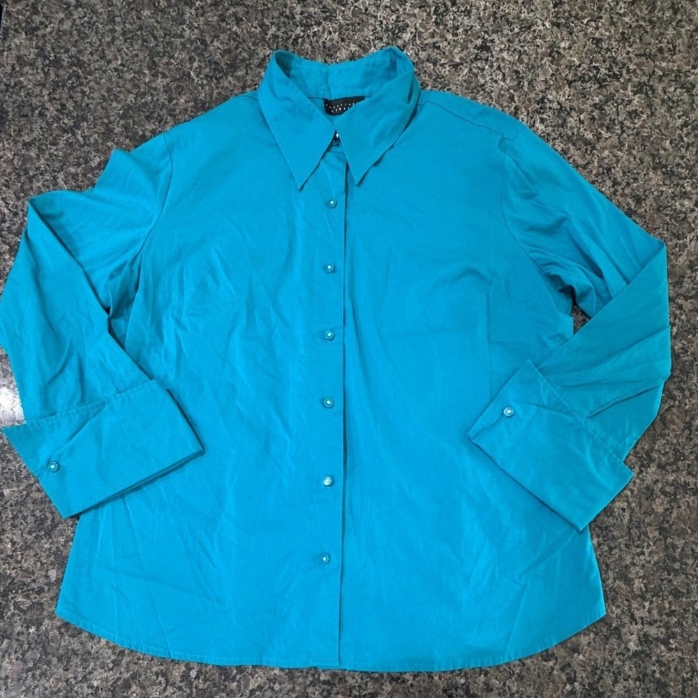 Apostrophe Stretch Turquoise Blue Rhinestone Button Down Shirt XL 16-18 Blouse
